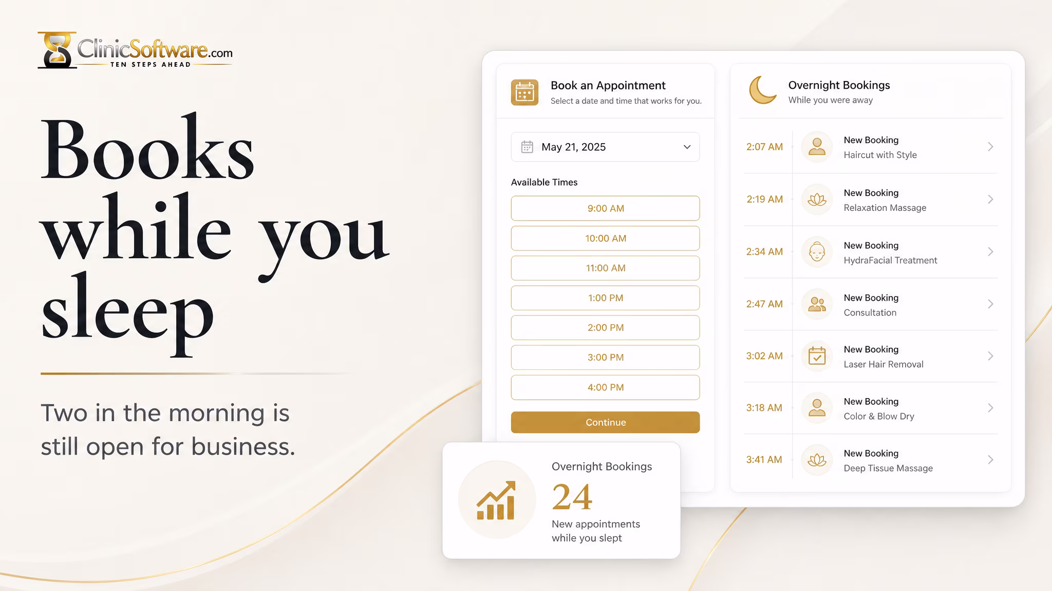 Online booking screen and a list of appointments made overnight